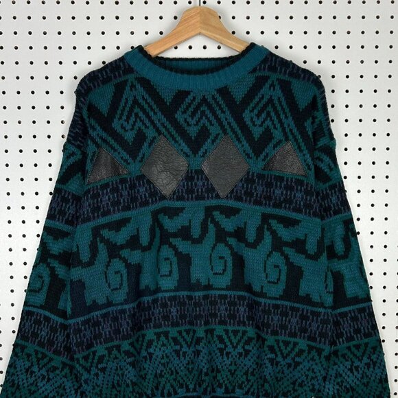 Chunky Teal Hip Hop Knit Sweater Size Large Grandpa 90s Streetwear Abstract Art - Picture 2 of 6